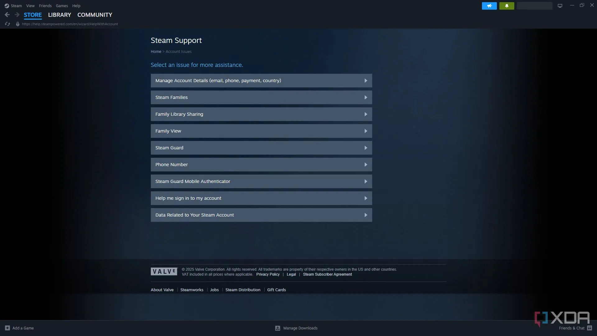 Trang hỗ trợ Steam trên ứng dụng khách với nhiều tùy chọn hỗ trợ khác nhau