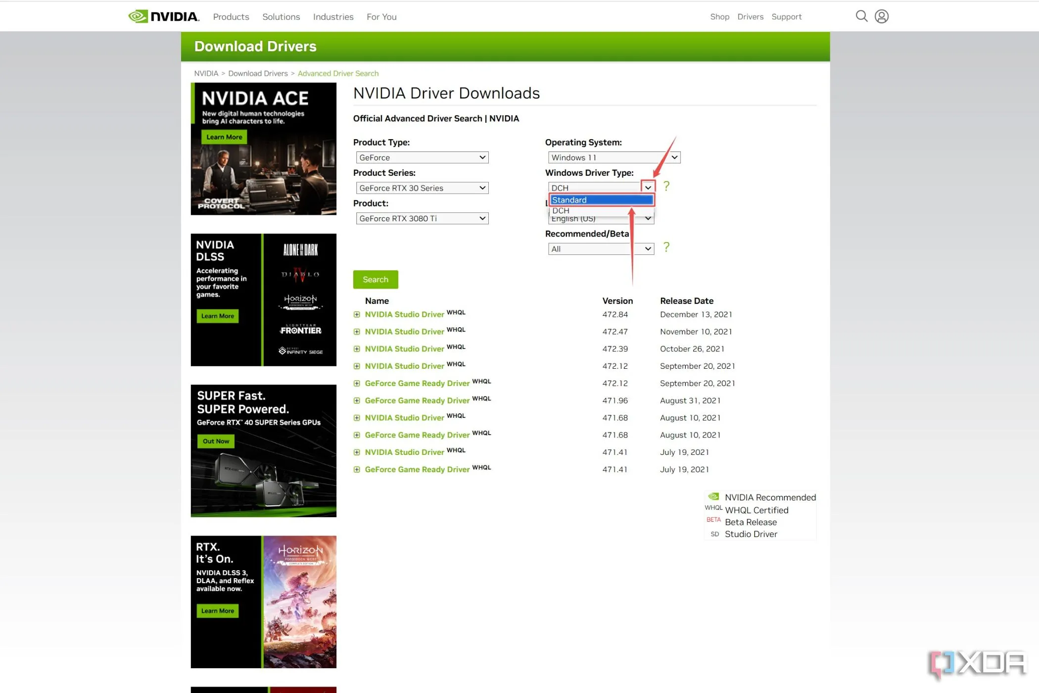 Trang trình điều khiển Nvidia với các driver tiêu chuẩn được đánh dấu