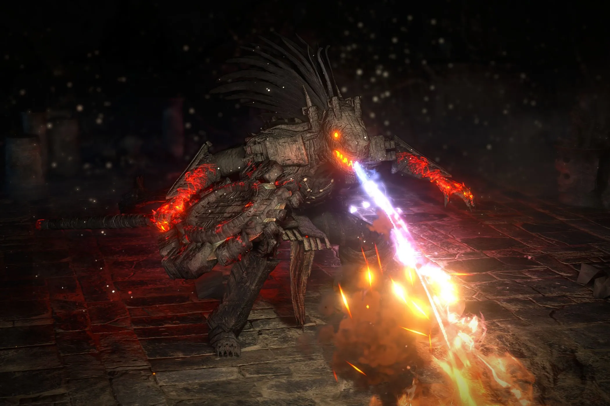 Trùm Blackjaw thở lửa trong đấu trường Path of Exile 2, thể hiện trải nghiệm chiến đấu hấp dẫn và sự vượt trội của game.