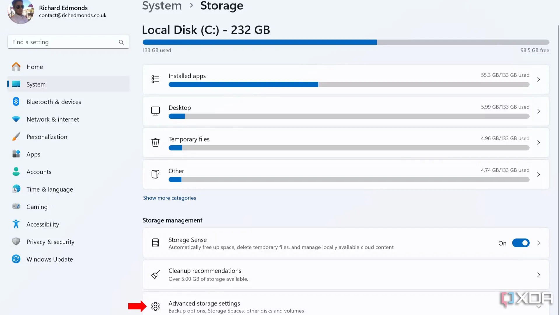 Truy cập cài đặt lưu trữ nâng cao (Advanced Storage settings)