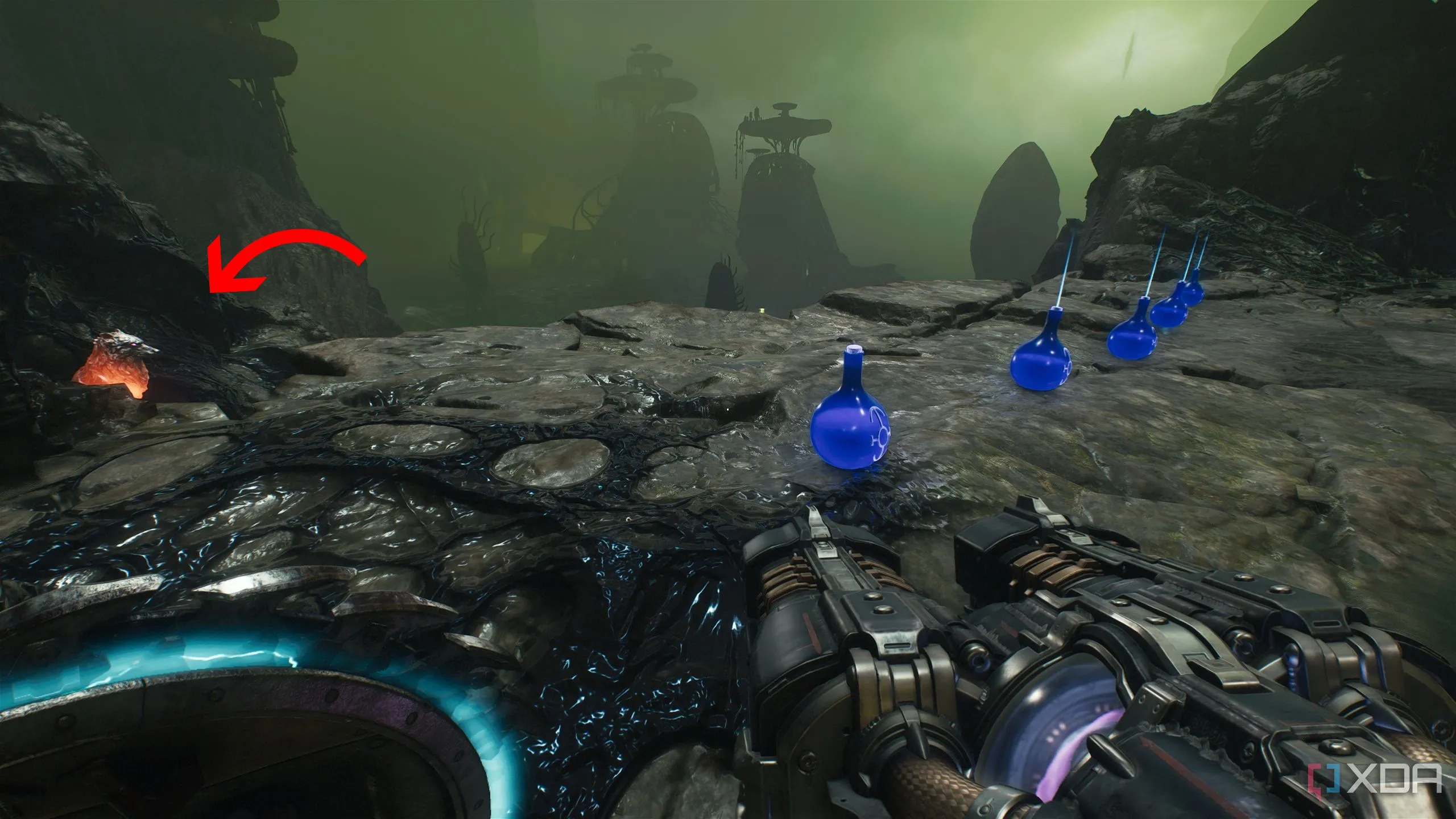 Tượng sói 4 ló ra từ phía sau hàng lọ máu trên vách đá trong Chapter 16 Doom The Dark Ages