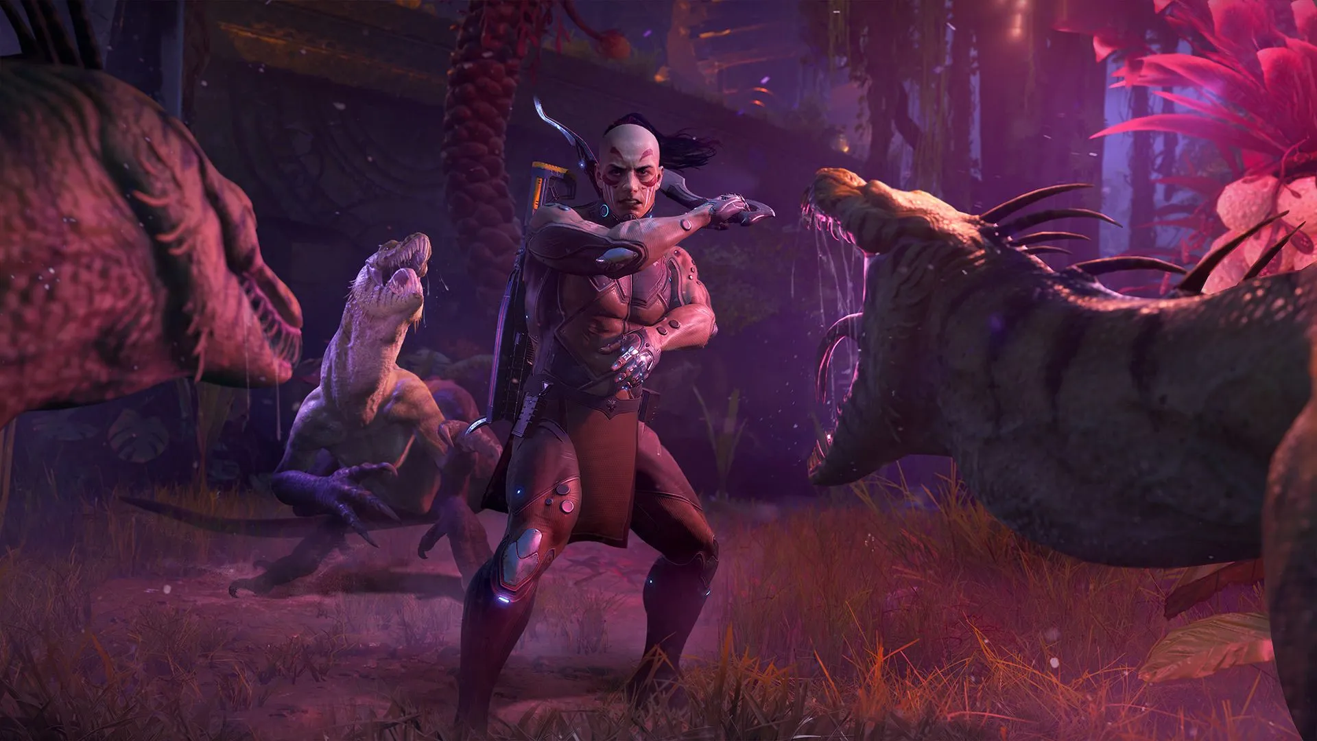 Turok đối mặt với ba con khủng long hung dữ, biểu tượng cho phong cách hành động đậm chất game Turok: Origins