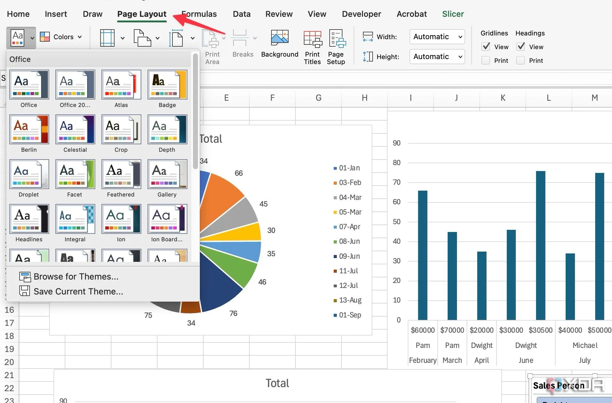 Tùy chọn chủ đề (Themes) trong tab Page Layout để định dạng dashboard Excel