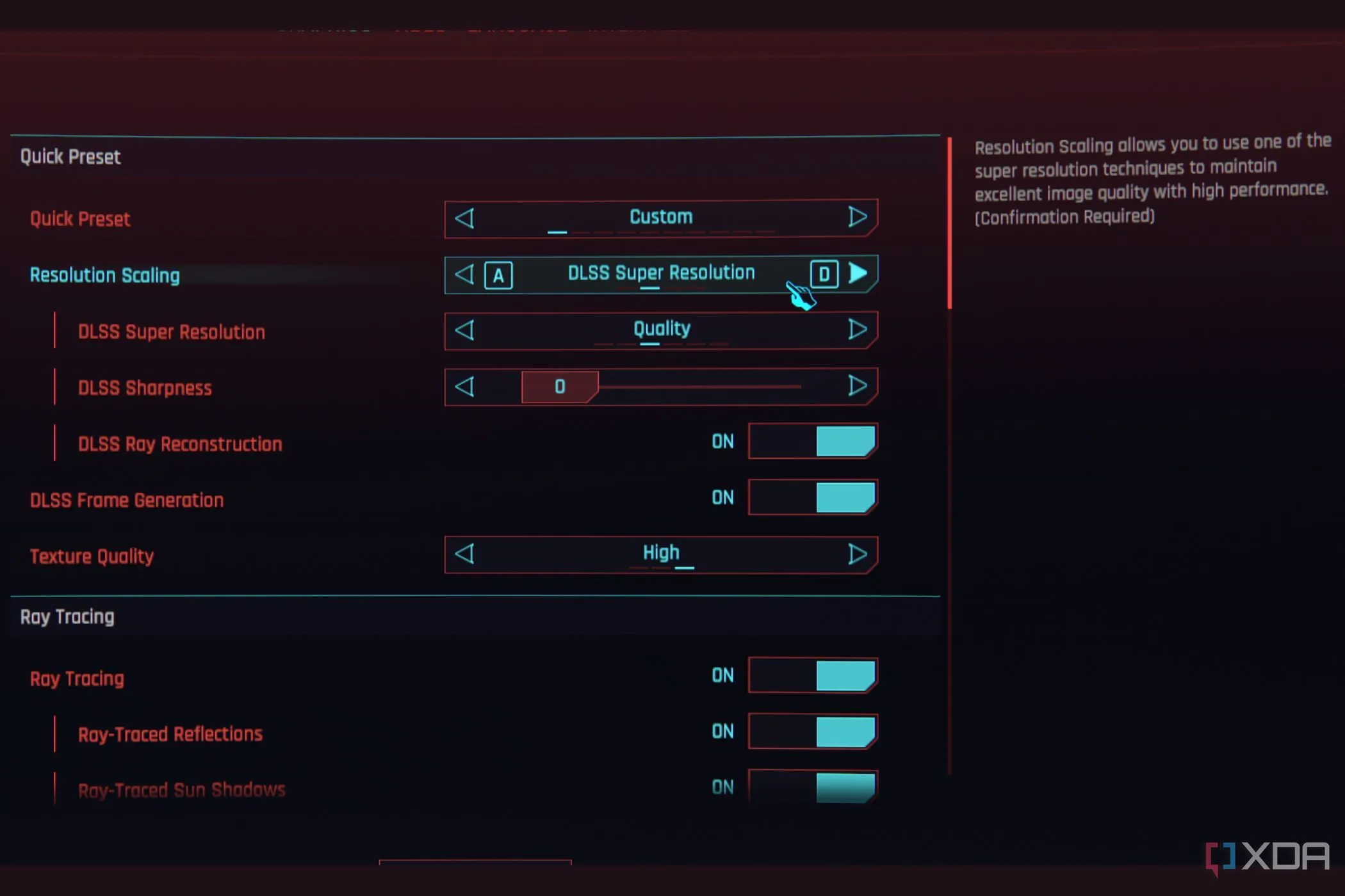 Tùy chọn công nghệ DLSS (Deep Learning Super Sampling) trong phần cài đặt đồ họa của trò chơi Cyberpunk 2077, giúp cải thiện hiệu suất hình ảnh.