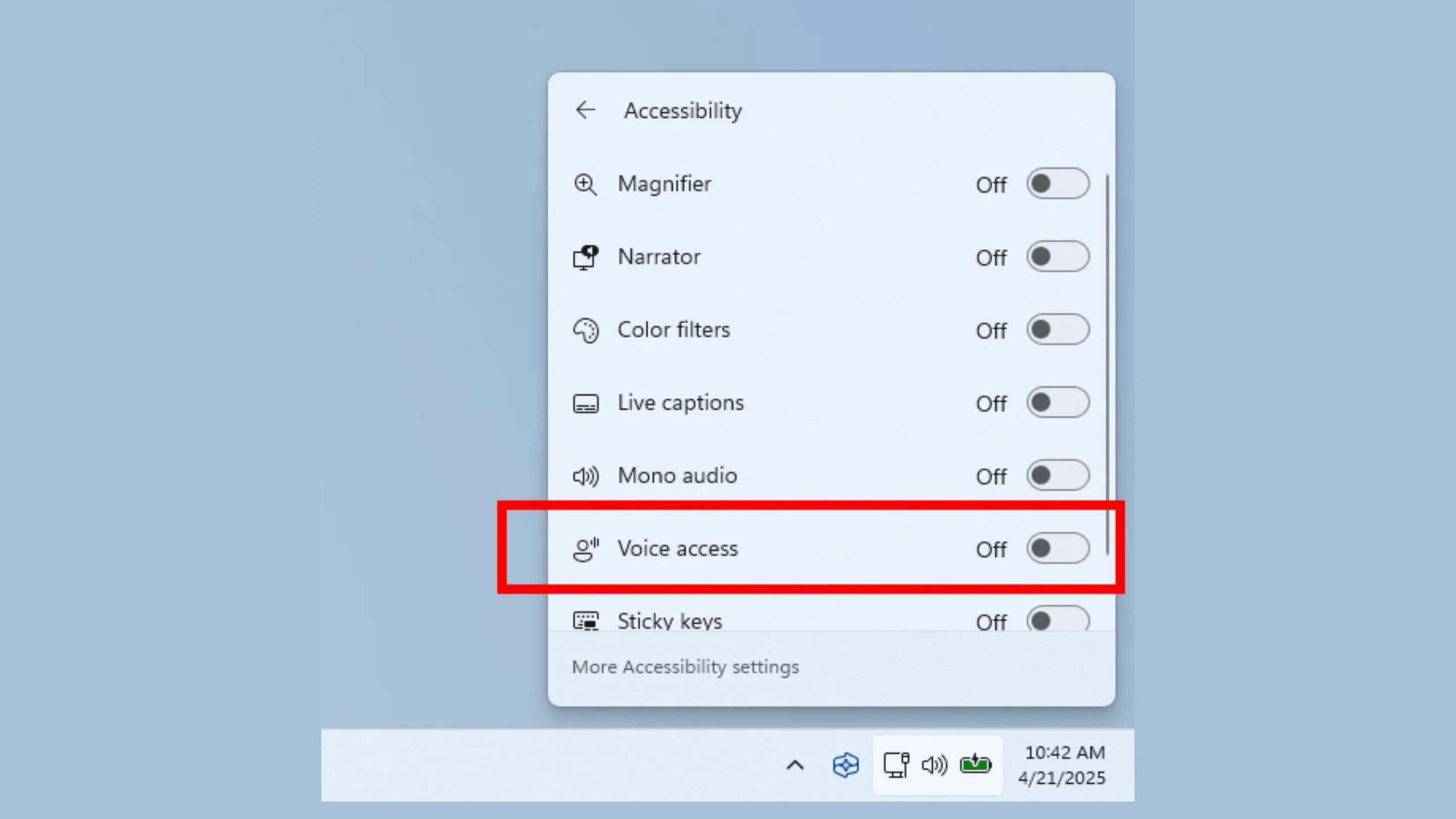 Voice Access xuất hiện trong bảng điều khiển Hành động nhanh của Windows 11