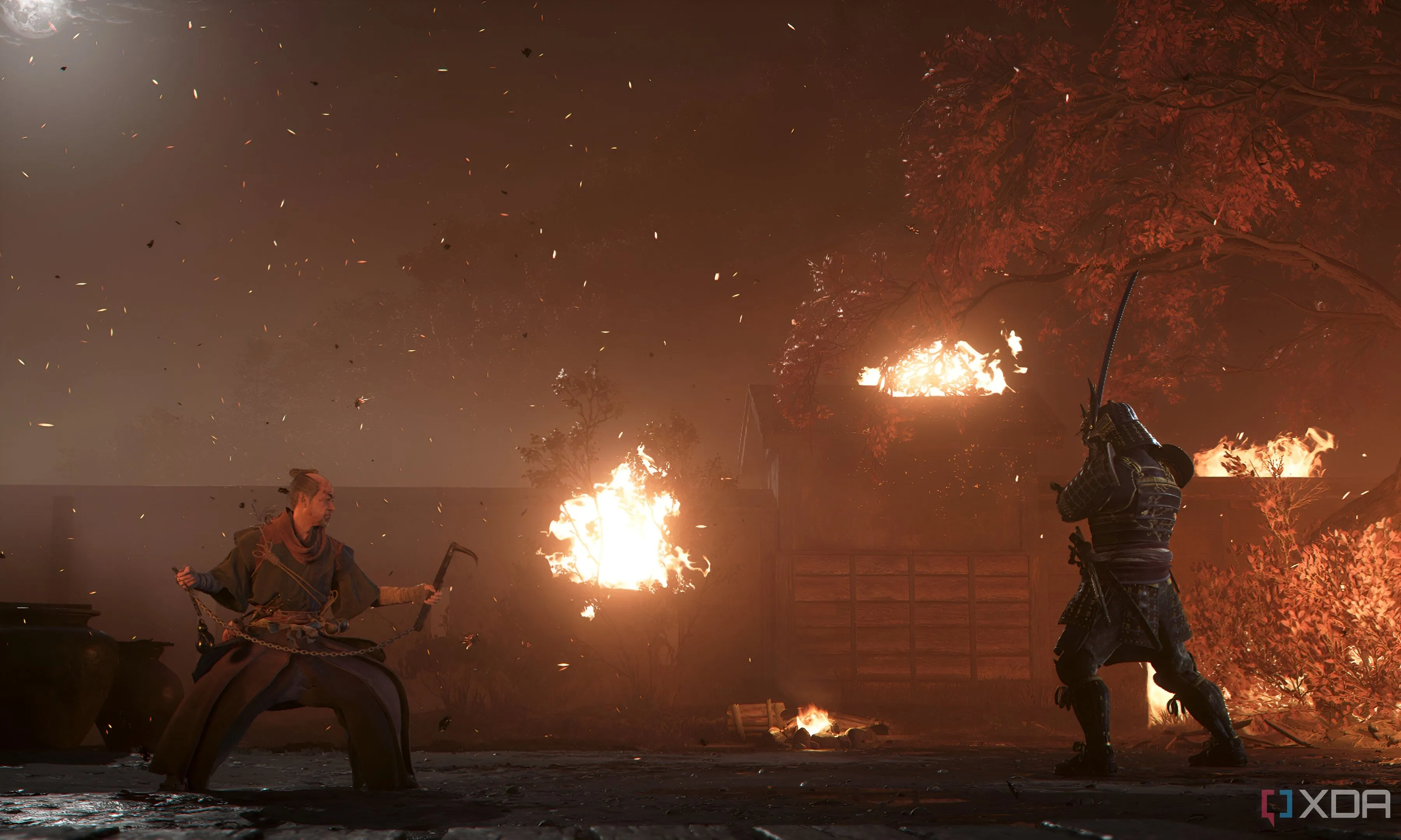 Yasuke chiến đấu dưới trời đêm, minh họa tầm quan trọng của thời gian và thời tiết trong Assassin's Creed Shadows.