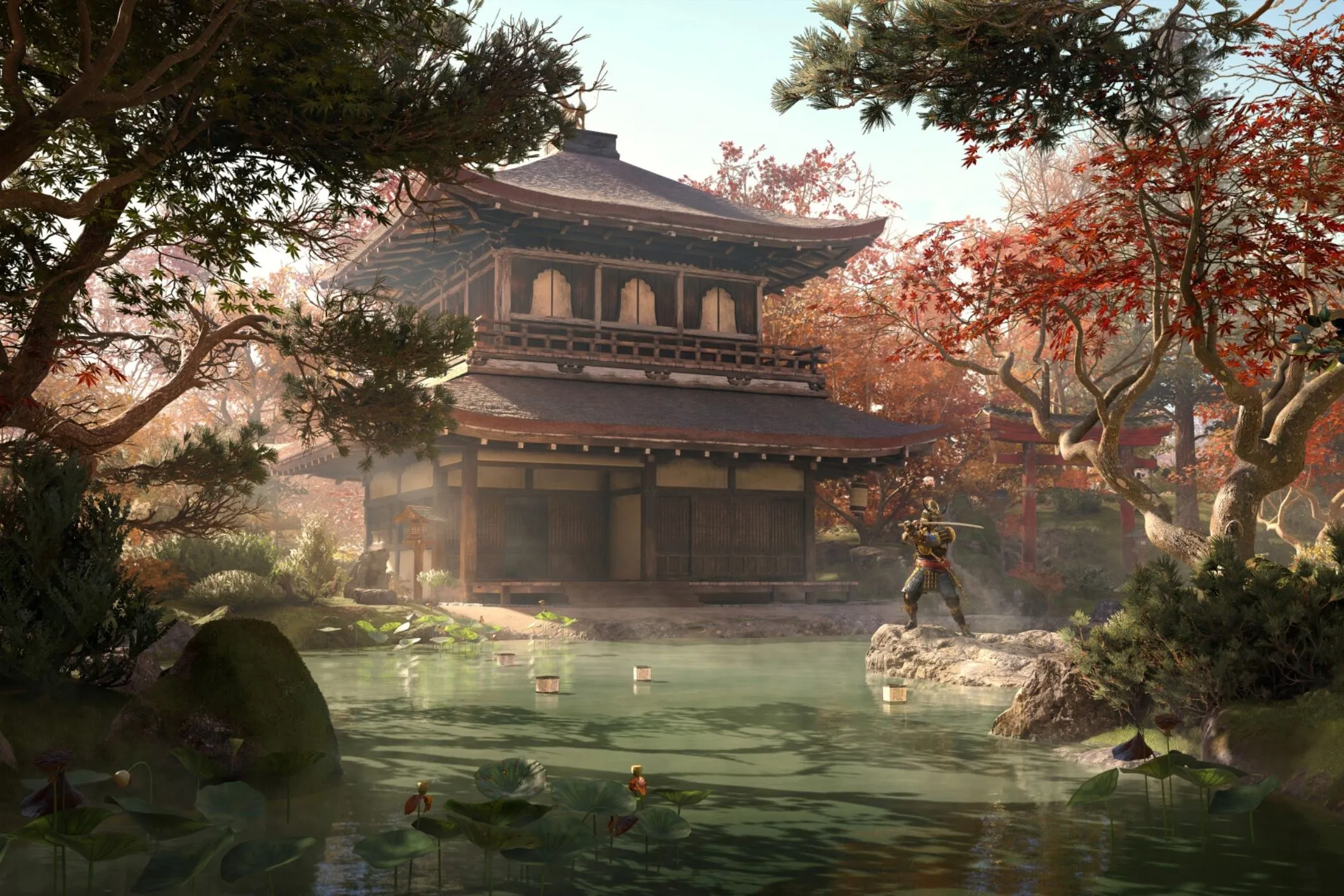 Yasuke đứng trước một ngôi đền cổ kính, biểu tượng của căn cứ có thể nâng cấp trong Assassin's Creed Shadows