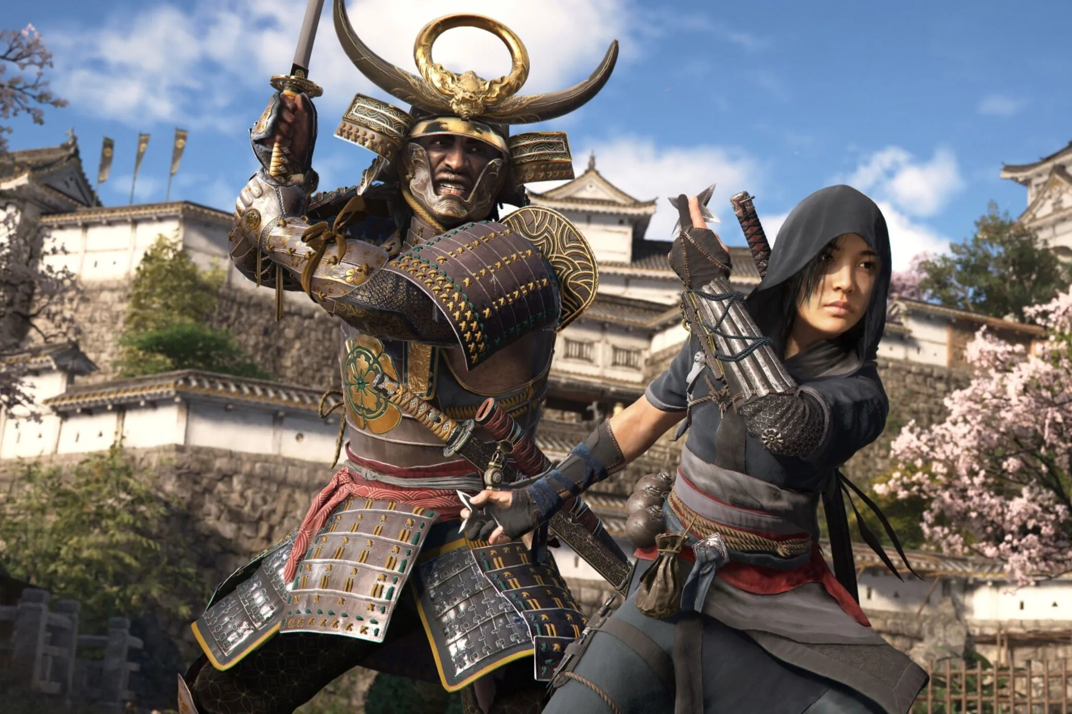 Yasuke và Naoe đứng trong môi trường game, minh họa việc lựa chọn nâng cấp kỹ năng phù hợp với từng nhân vật trong Assassin's Creed Shadows.