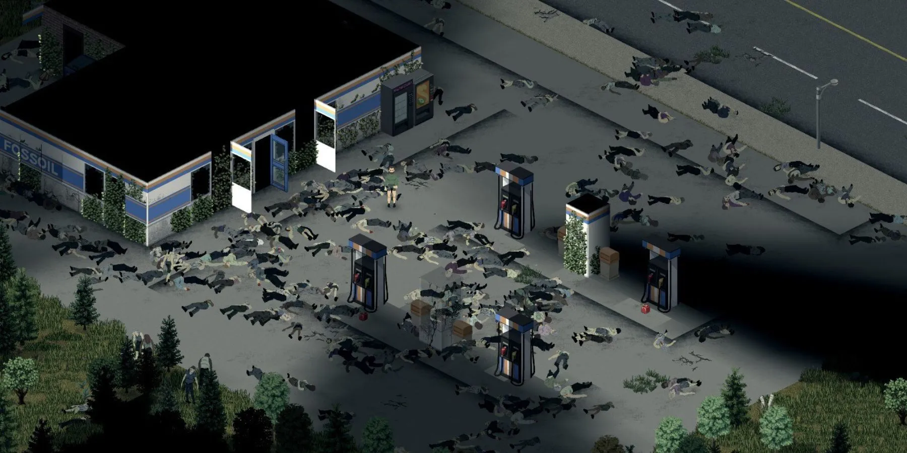 Zombie tập trung tại trạm xăng trong game Project Zomboid